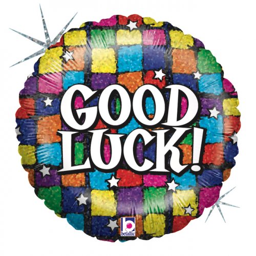 Good Luck Squares Holographic 18inch Round Foil Balloon UNINFLATED