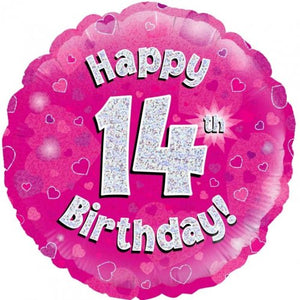 45cm Age 14 Pink Holographic Birthday Round Foil Balloon UNINFLATED