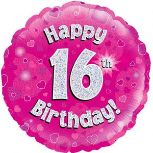 45cm Age 16 Pink Holographic Birthday Round Foil Balloon UNINFLATED