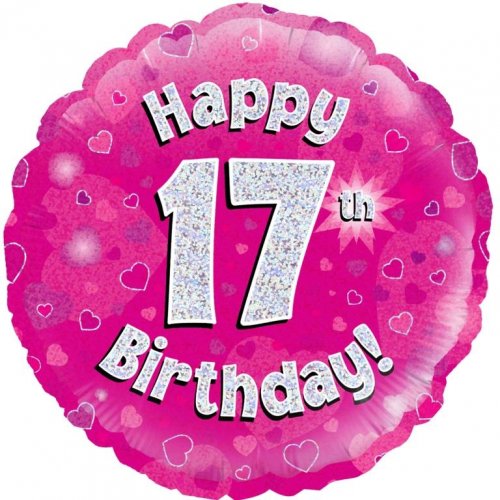 45cm Age 17 Pink Holographic Birthday Round Foil Balloon UNINFLATED