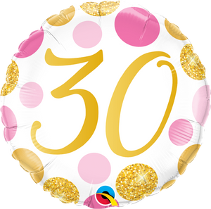 45cm Age 30 Pink & Gold Dots Birthday Round Foil Balloon UNINFLATED