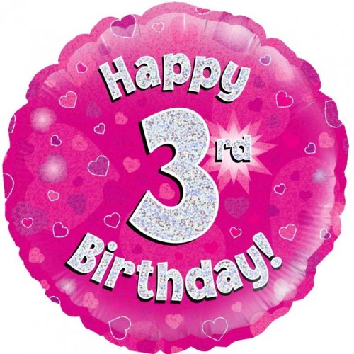 45cm Age 3 Pink Holographic Birthday Round Foil Balloon UNINFLATED