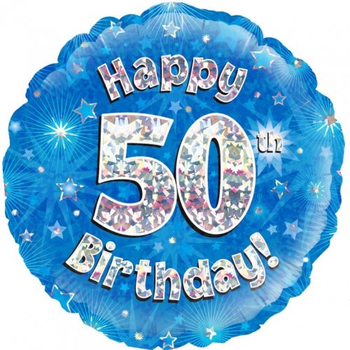 45cm Age 50 Blue Holographic Birthday Round Foil Balloon UNINFLATED