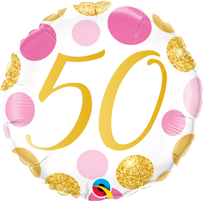 45cm Age 50 Pink & Gold Dots Birthday Round Foil Balloon UNINFLATED