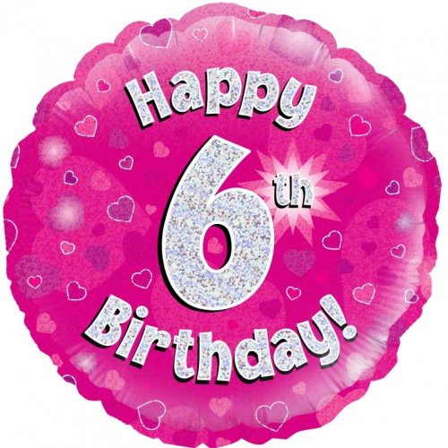 45cm Age 6 Pink Holographic Birthday Round Foil Balloon UNINFLATED