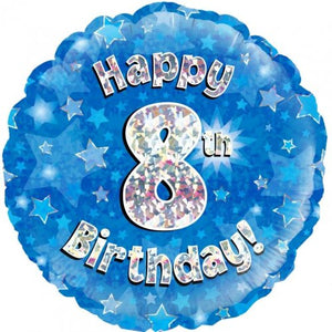 45cm Age 8 Blue Holographic Birthday Round Foil Balloon UNINFLATED