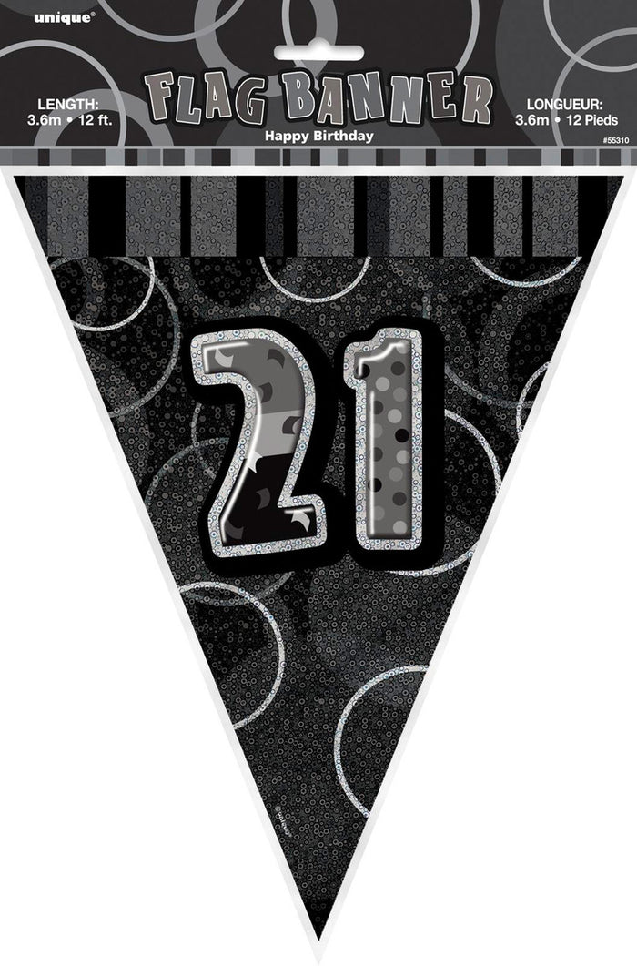 Glitz Black And Silver 21st Happy Birthday Flag Banner