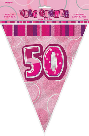 Glitz Pink 50th Happy Birthday Flag Banner