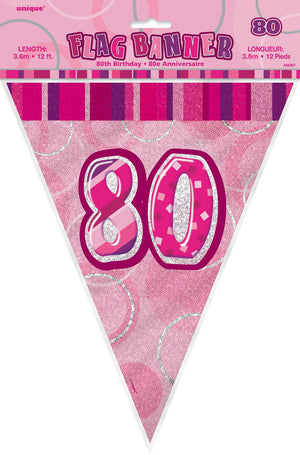 Glitz Pink 80th Happy Birthday Flag Banner