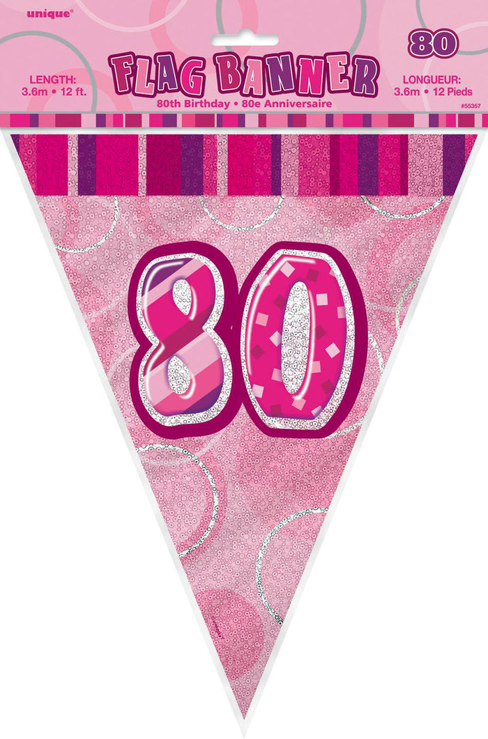 Glitz Pink 80th Happy Birthday Flag Banner