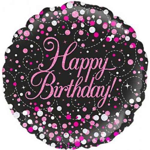 45cm Sparkling Fizz Black & Pink Happy Birthday Round Foil Balloon UNINFLATED